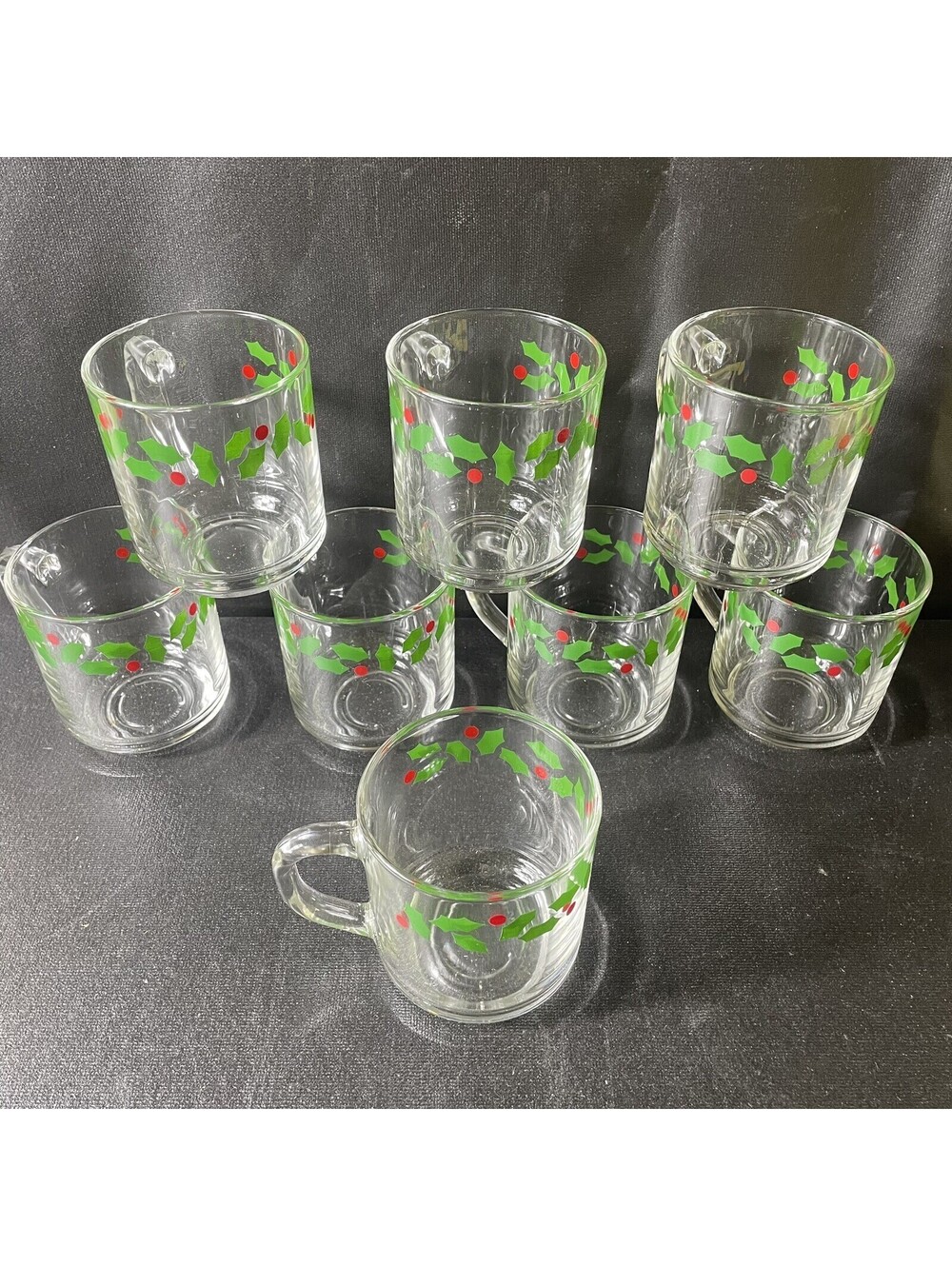 8 VTG Luminarc Christmas Holly Clear Glass Mugs Hot Chocolate Eggnog Cups 10oz